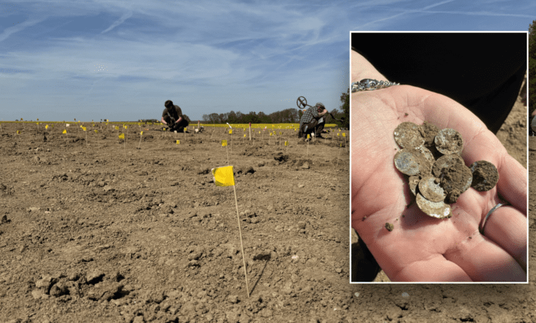 Shared image of hands holding coins over the excavation site