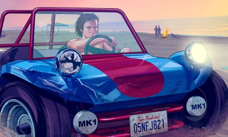 Artwork depicting a character from GTA Online driving a dune buggy on the beach