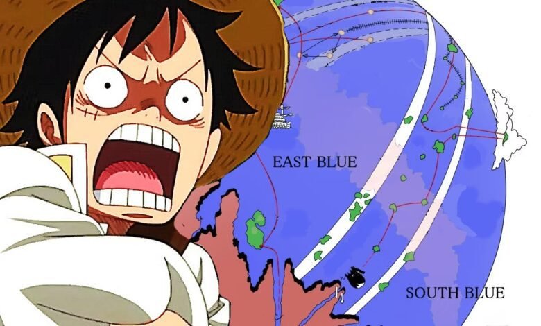 Luffy and the One Piece world map